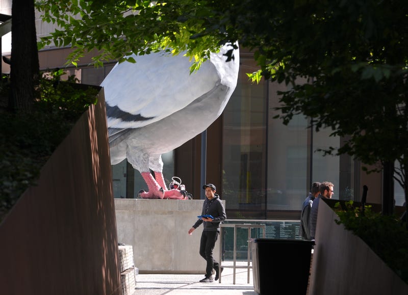  Artist Iván Argote’s 16-foot-tall pigeon sculpture, titled "Dinosaur" is seen on the High Line on Oct. 16, 2024