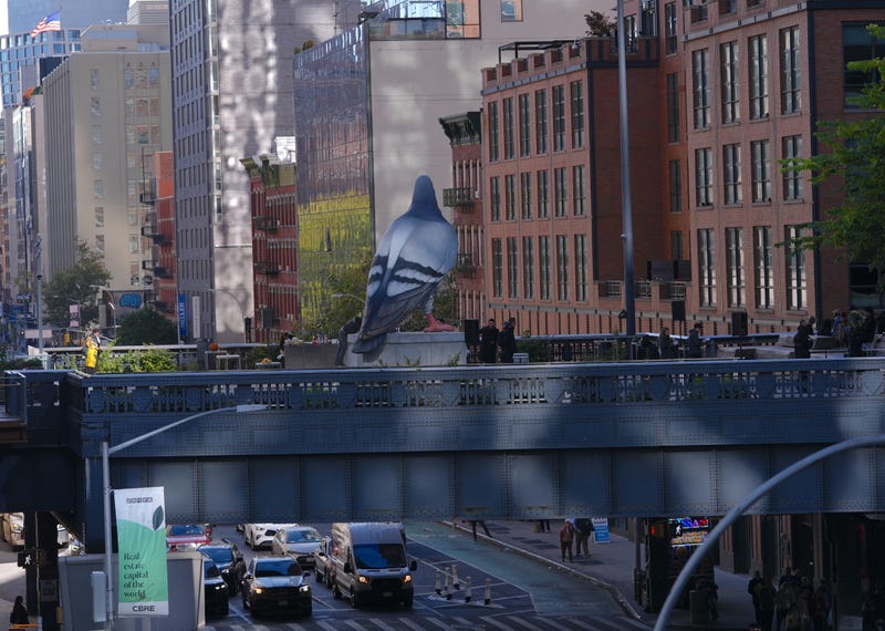  Artist Iván Argote’s 16-foot-tall pigeon sculpture, titled "Dinosaur" is seen on the High Line on Oct. 16, 2024