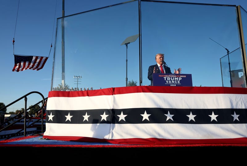  Republican presidential nominee, former U.S. President Donald Trump speaks at a campaign rally on October 12, 2024 in Coachella, California. 