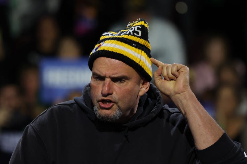 . Sen. John Fetterman (D-PA) speaks at a rally for Democratic presidential nominee, Vice President Kamala Harris at Erie Insurance Arena on October 14, 2024