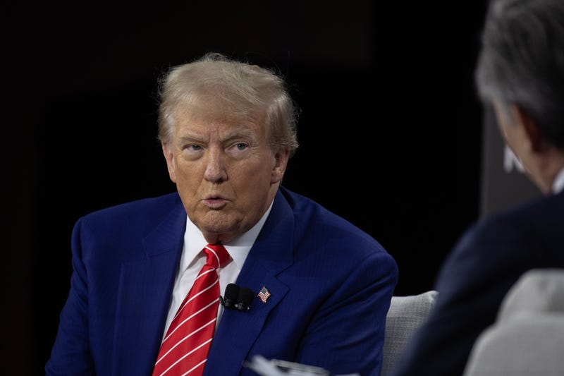Republican presidential nominee former President Donald Trump is interviewed by Bloomberg News Editor-in-Chief John Micklethwait during a luncheon hosted by the Economic Club of Chicago on Oct. 15, 2024 in Chicago.