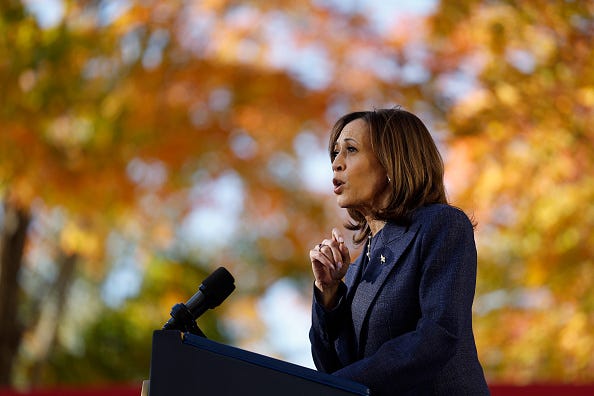 Democratic presidential nominee, U.S. Vice President Kamala Harris speaks at a campaign event at Washington Crossing Historic Park on October 16, 2024 in Washington Crossing, Pennsylvania.