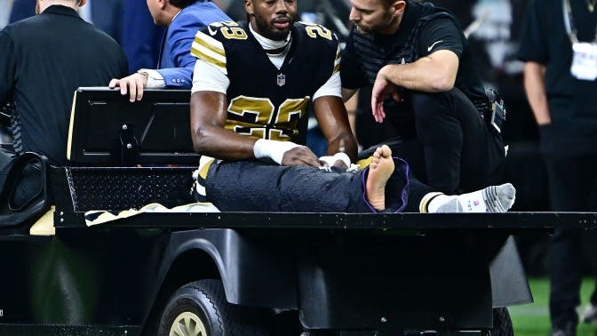 Paulson Adebo breaks femur during loss to Broncos, taken to hospital for surgery