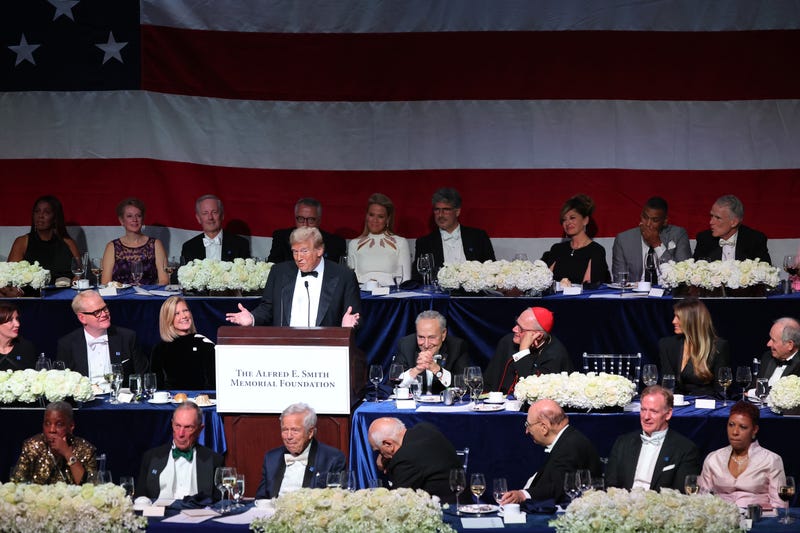 Former President President Donald Trump speaks during the annual Alfred E. Smith Foundation Dinner at the New York Hilton Midtown on October 17, 2024