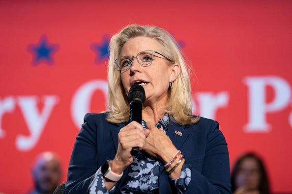 Former U.S. Rep. Liz Cheney (R-WY) speaks at a town hall with Democratic presidential nominee, Vice President Kamala Harris, at the Royal Oak Music Theatre on October 21, 2024 in Royal Oak, Michigan.