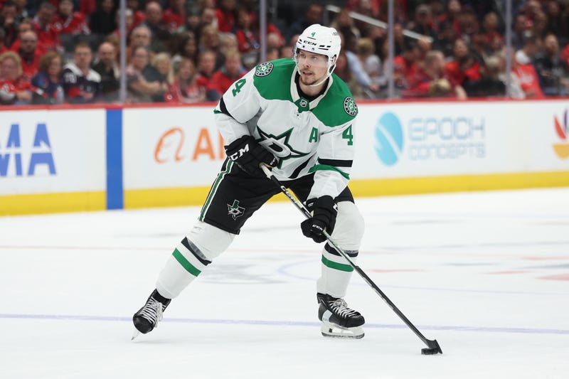 Miro Heiskanen of the Dallas Stars skates against the Washington Capitals during the third period at Capital One Arena on Oct. 17, 2024, in Washington, DC.
