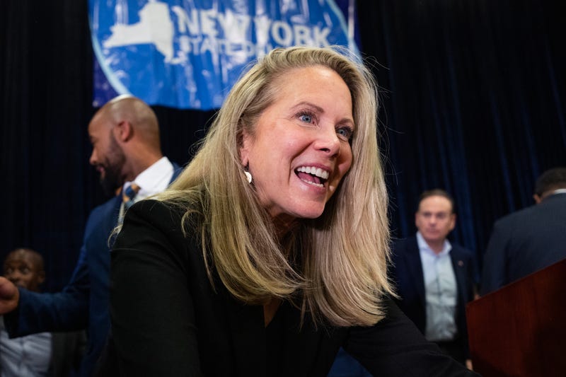 Laura Gillen, Democratic candidate for New York's 4th Congressional District, greets guests after speaking at a campaign rally with House Minority Leader Hakeem Jeffries, D-N.Y., in Hempstead, N.Y., on Thursday, October 17, 2024. 