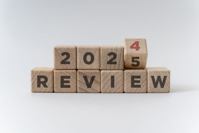 Flipping of 2024 to 2025 on wooden blocks that read "review".