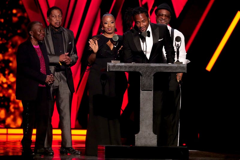 Inductee Q-Tip (2nd from R) of A Tribe Called Quest speaks onstage at the 2024 Rock & Roll Hall Of Fame Induction Ceremony at Rocket Mortgage Fieldhouse on October 19, 2024 in Cleveland, Ohio. 