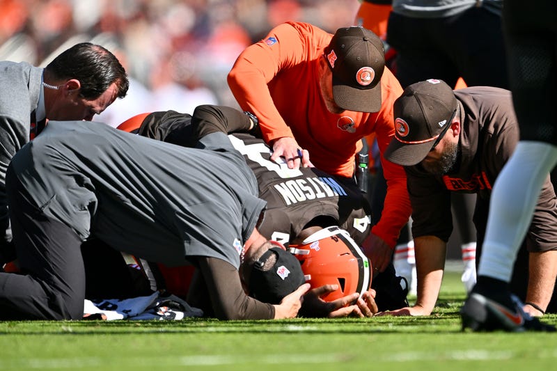 Deshaun Watson #4 of the Cleveland Browns is tended to by medical staff after being injured on a play in the second quarter of a game against the Cincinnati Bengals at Huntington Bank Field on October 20, 2024 in Cleveland, Ohio. 