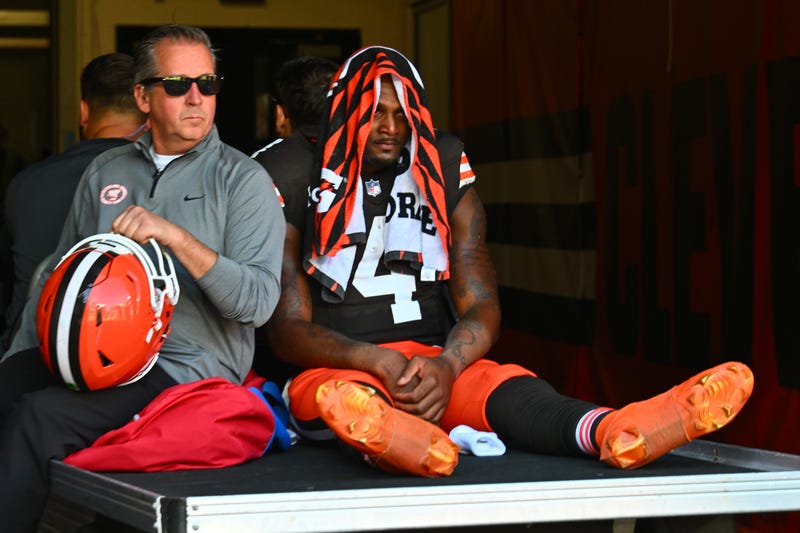 Deshaun Watson #4 of the Cleveland Browns is taken off the field on a medical cart in the second quarter of a game against the Cincinnati Bengals at Huntington Bank Field on October 20, 2024 in Cleveland, Ohio.