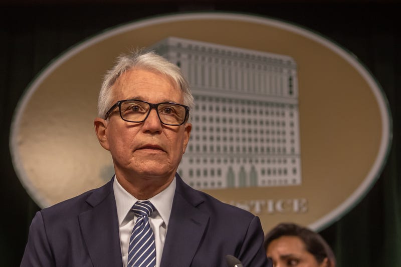 Los Angeles County District Attorney George Gascón announces his decision on a possible resentencing recommendation for Erik and Lyle Menendez on October 24, 2024 in Los Angeles, California.
