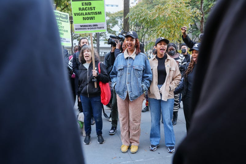 Protesters gather outside of Manhattan Criminal Court on Oct. 21, 2024, as jury selection begins in the trial of Daniel Penny, who is charged in the death of Jordan Neely