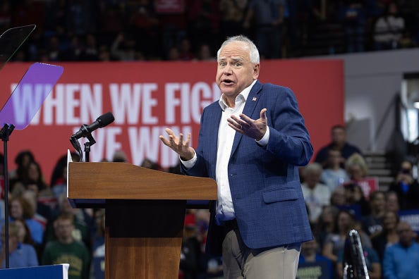 Democratic vice presidential nominee, Minnesota Gov. Tim Walz speaks at a get-out-the-vote rally on October 22, 2024 in Madison, Wisconsin. Wisconsin polls open today for in-person early voting.