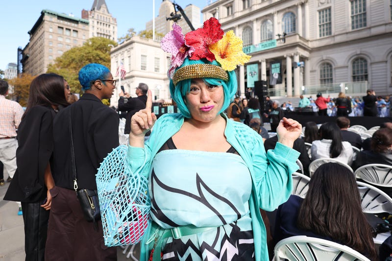 A New York Liberty fan poses during the Championship ticker tape parade and victory rally celebrating winning the 2024 WNBA Finals at City Hall on October 24, 2024 in New York City