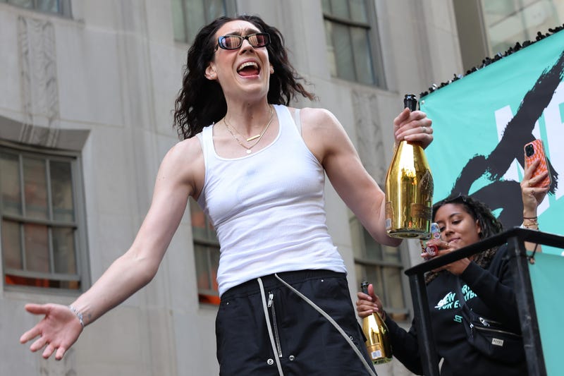 New York Liberty Forward Breanna Stewart celebrates the team winning the WNBA championship during their parade on October 24, 2024