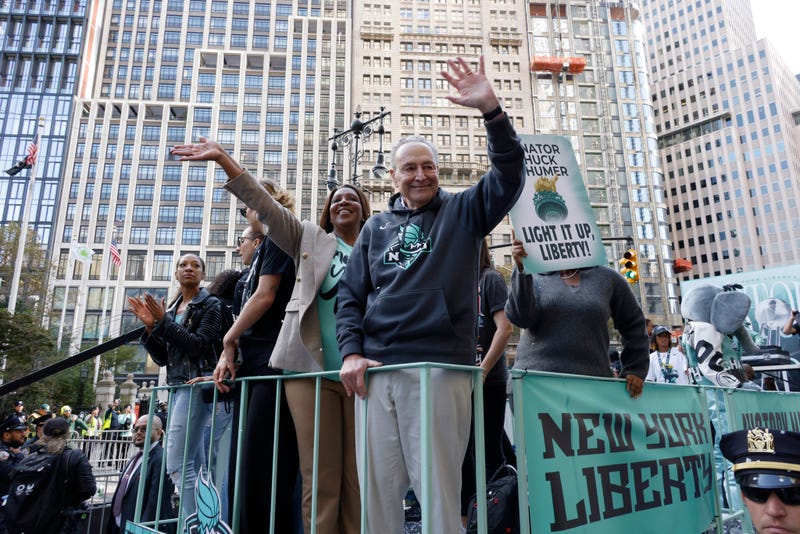 New York A.G. Letitia James and Senate Majority Leader Chuck Schumer attend the New York Liberty Ticker Tape Victory Parade & Rally on October 24, 2024