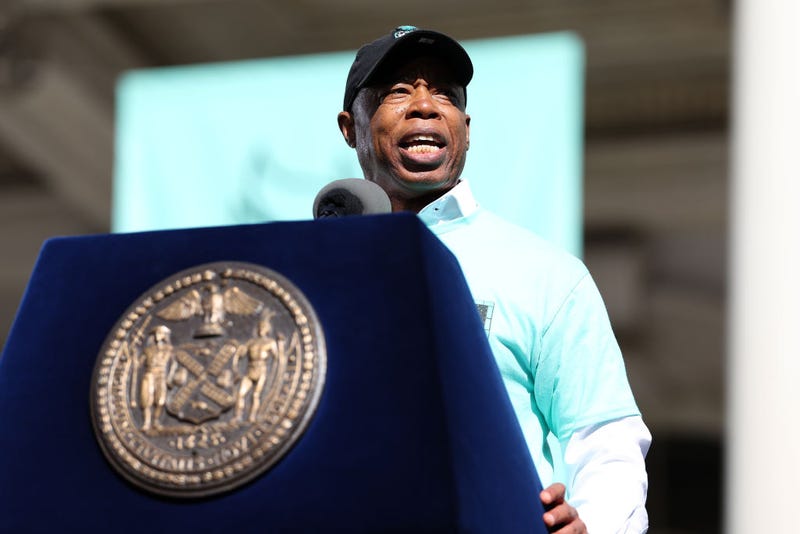 New York City Mayor Eric Adams speaks during the New York Liberty Championship ticker tape parade and victory rally celebrating winning the 2024 WNBA Finals on October 24, 2024 in New York City.  