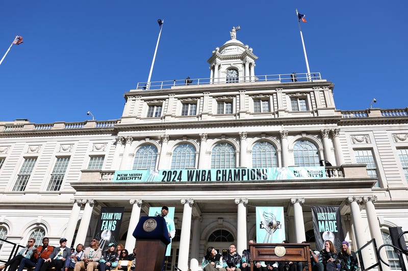 Mayor Eric Adams speaks during the New York Liberty Championship ticker tape parade and victory rally celebrating winning the 2024 WNBA Finals on October 24, 2024