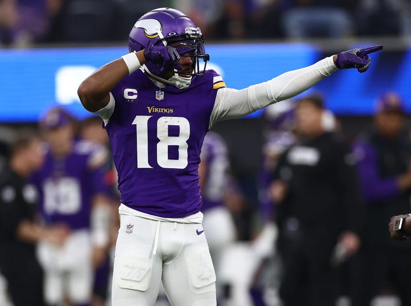 Justin Jefferson #18 of the Minnesota Vikings after making a first down against the Los Angeles Rams in the first quarter at SoFi Stadium on October 24, 2024 in Inglewood, California.