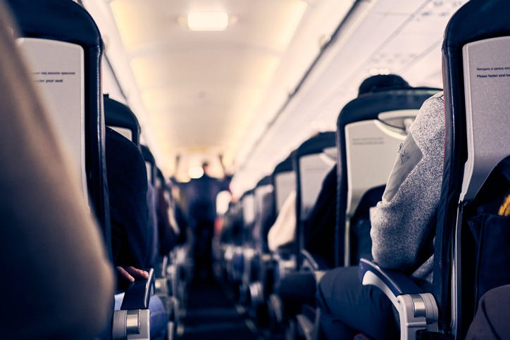 inside of a flight cabin in a stock photo