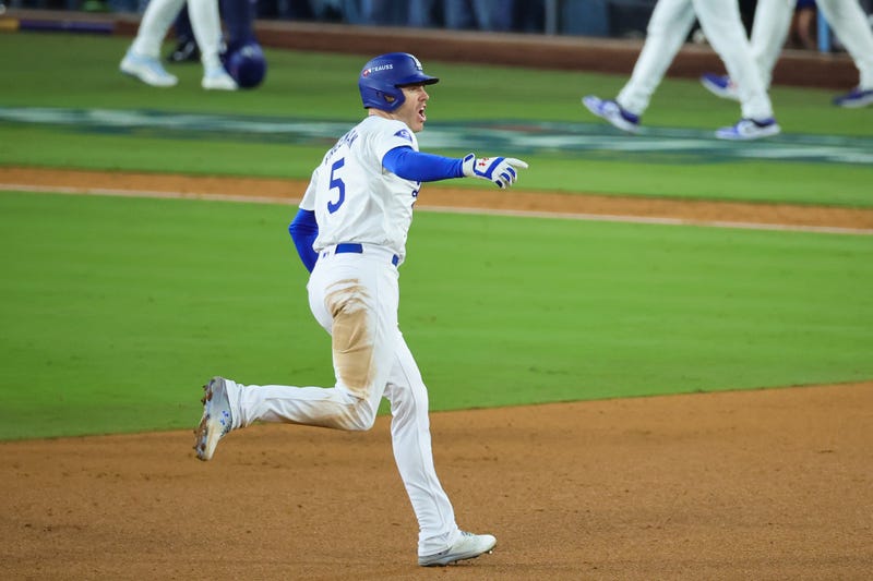 Freddie Freeman #5 of the Los Angeles Dodgers runs the bases after hitting a walk-off grand slam during the tenth inning against the New York Yankees during Game One of the 2024 World Series at Dodger Stadium on October 25, 2024 in Los Angeles, California