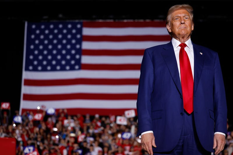  Republican presidential nominee, former U.S. President Donald Trump arrives to speak during a campaign rally at Suburban Collection Showplace on Oct. 26, 2024 in Novi, Michigan. 