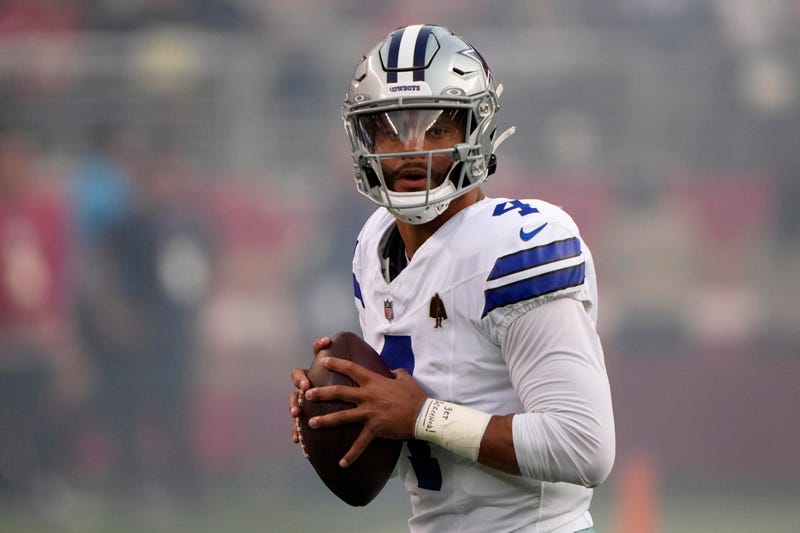 Dak Prescott #4 of the Dallas Cowboys warms up prior to a game against the San Francisco 49ers at Levi's Stadium on Oct. 27, 2024, in Santa Clara, California.