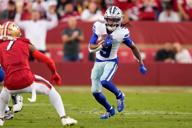 KaVontae Turpin #9 of the Dallas Cowboys runs with the ball during the first quarter against the San Francisco 49ers at Levi's Stadium on Oct. 27, 2024, in Santa Clara, California.