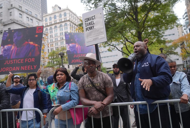 Demonstrators protest outside the Manhattan courthouse on Nov. 1, 2024
