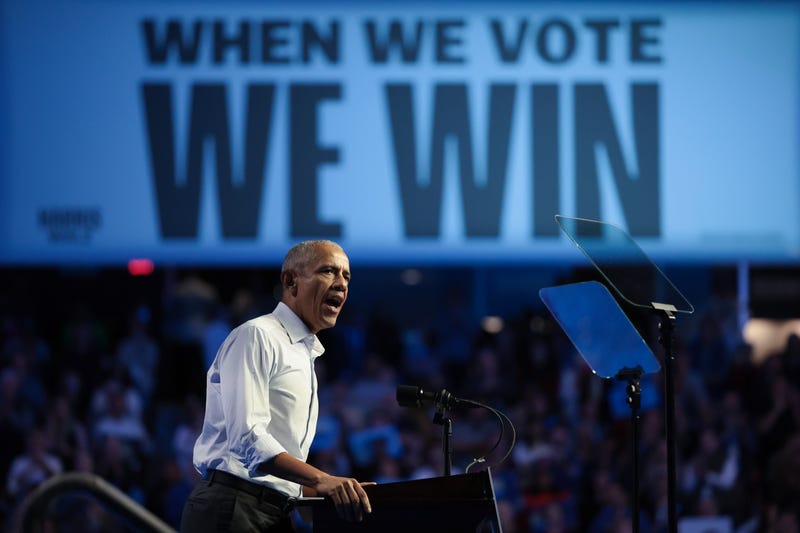 Former President Barack Obama speaks at Temple's Liacouras Center on Monday night.