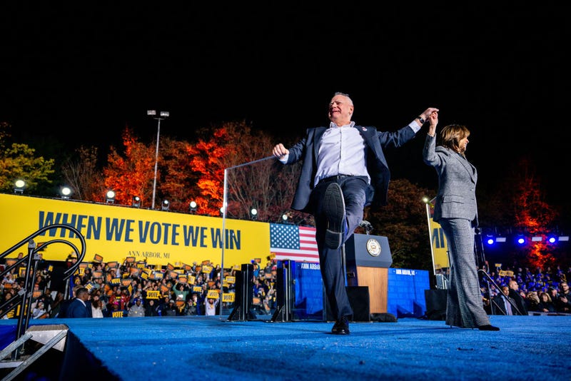 Democratic presidential nominee, U.S. Vice President Kamala Harris and running mate Democratic vice presidential nominee, Minnesota Gov. Tim Walz greet supporters at the conclusion of a campaign rally on October 28, 2024 in Ann Arbor, Michigan.  