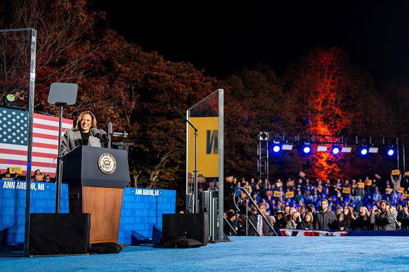 Democratic presidential nominee, U.S. Vice President Kamala Harris speaks during a campaign rally on October 28, 2024 in Ann Arbor, Michigan.