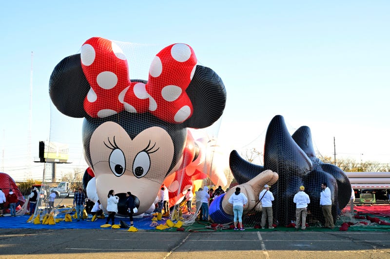 Rainy and windy conditions Thursday could post a threat to the Thanksgiving parade's giant floats, seen here at a preview at MetLife Stadium in East Rutherford on Nov. 2, 2024