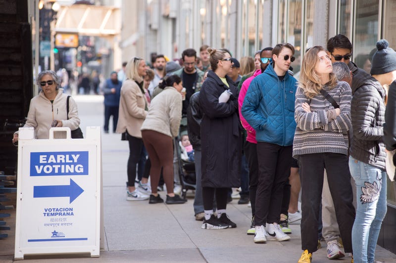 Residents of Chicago wait in line to cast their ballots at the Loop Supersite on Nov. 2, 2024, ahead of the 2024 general election.