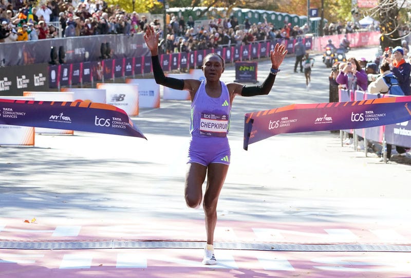 Sheila Chepkirui of Kenya crosses the finish line to win the women's division during the New York Marathon on Nov. 3, 2024, in New York City.  