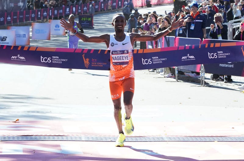 Abdi Nageeye of the Netherlands crosses the finish line to win the men's division during the New York Marathon in New York City on Nov 3, 2024