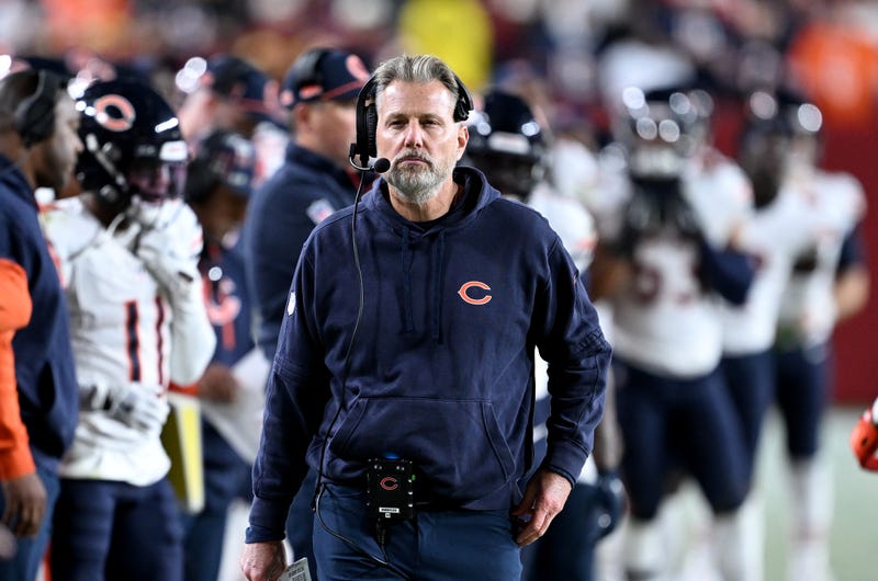 Bears Head Coach Matt Eberflus watches the game against the Washington Commanders at Northwest Stadium on Oct. 27, 2024, in Landover, Maryland.