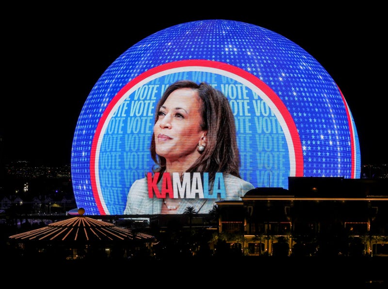 An advertisement for Democratic presidential nominee and U.S. Vice President Kamala Harris and her running mate, Minnesota Gov. Tim Walz, is displayed on the 580,000-square-foot Exosphere at Sphere, the first political campaign to do so, on October 30, 2024 in Las Vegas, Nevada.