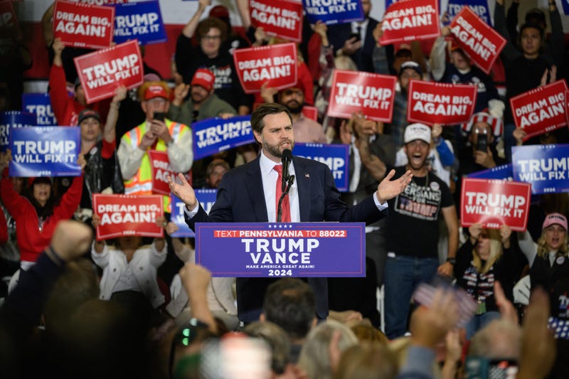 Republican vice presidential candidate JD Vance speaks during a campaign rally in Aston Township, Pennsylvania, on Nov. 3, 2024.
