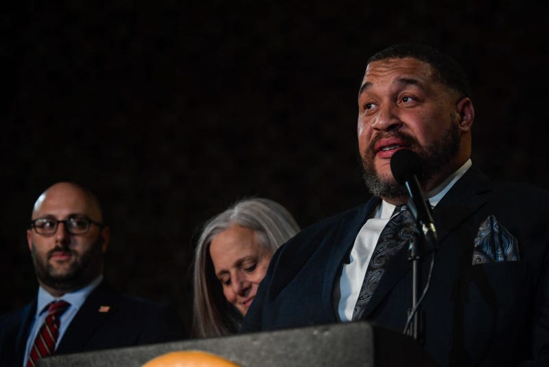 Philadelphia City Commissioner Omar Sabir issues a statement to the press with commissioners Lisa Deeley and Seth Bluestein at the Philadelphia City Commissioners Office and Election Warehouse on Election Day in Philadelphia.