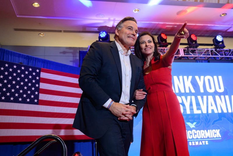 Republican U.S. Senate candidate Dave McCormick and wife Dina Powell thank supporters after declaring victory in a closely contested race with incumbent Sen. Bob Casey (D-PA) on November 6, 2024 in Pittsburgh