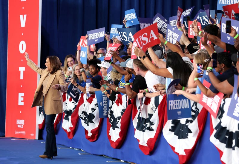 Democratic presidential nominee, U.S. Vice President Kamala Harris, greets supporters during a campaign rally at the PNC Music Pavilion on November 02, 2024 in Charlotte, North Carolina.