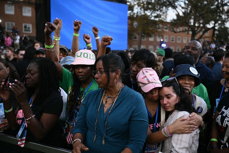 People react as U.S. Vice President Kamala Harris' concession speech at Howard University in Washington, D.C., on Nov. 6, 2024.