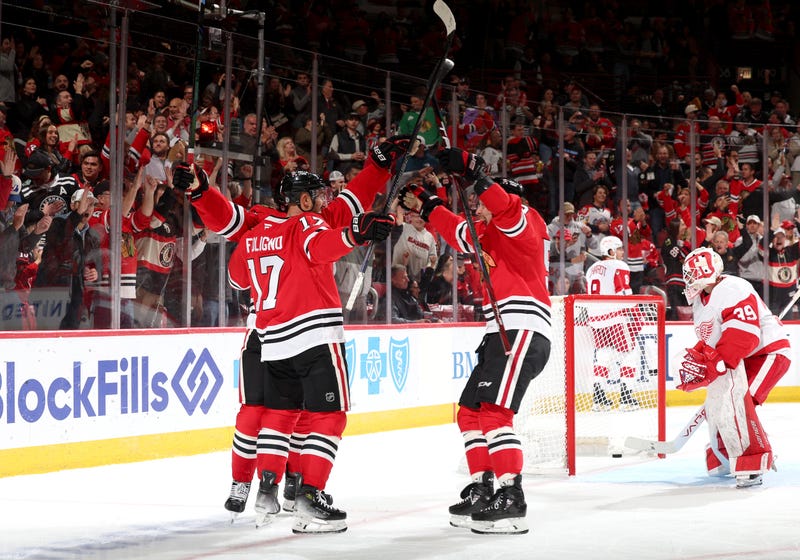 The Chicago Blackhawks celebrate after scoring against the Detroit Red Wings in the second period at the United Center on Nov. 6, 2024.