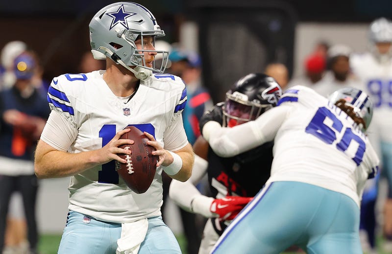 Cooper Rush #10 of the Dallas Cowboys looks to pass during the fourth quarter against the Atlanta Falcons at Mercedes-Benz Stadium on Nov. 3, 2024, in Atlanta, Georgia.