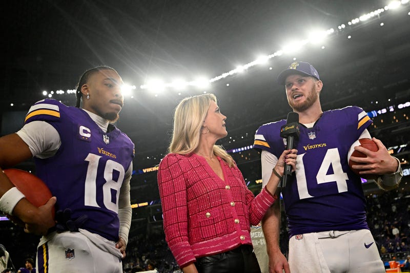Justin Jefferson #18 and Sam Darnold #14 of the Minnesota Vikings are both heading to the Pro Bowl (unless the Vikings are in the Super Bowl). It's the fourth for Jefferson but the first for Darnold.