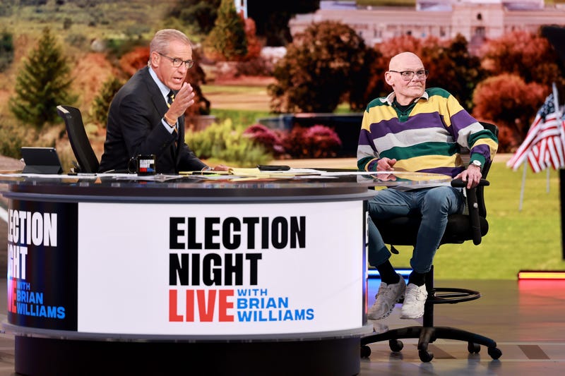 (L-R) Brian Williams and James Carville speak onstage during Election Night Live With Brian Williams at Amazon Studios on November 5, 2024 in Culver City, California.