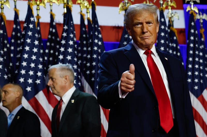 Republican presidential nominee, former U.S. President Donald Trump arrives to speak during an election night event at the Palm Beach Convention Center on November 06, 2024 in West Palm Beach, Florida. 