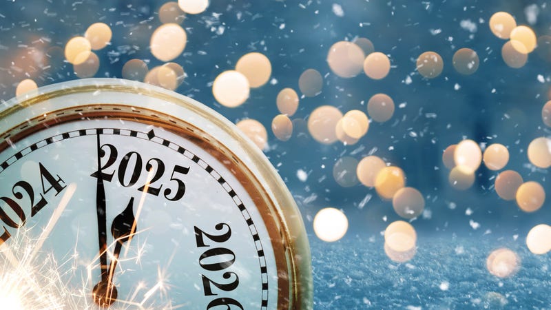 Vintage clock points to the new year 2025 on a beautiful winter background with golden lights bokeh and sparks at evening.